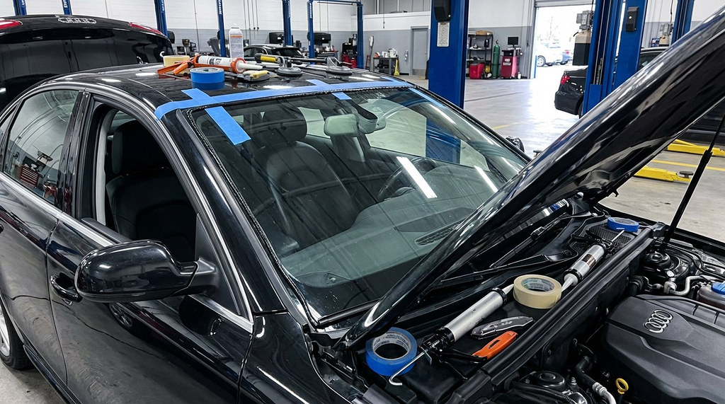 Замена лобового стекла Audi A4 ауди а4 с новым лобовым стеклом