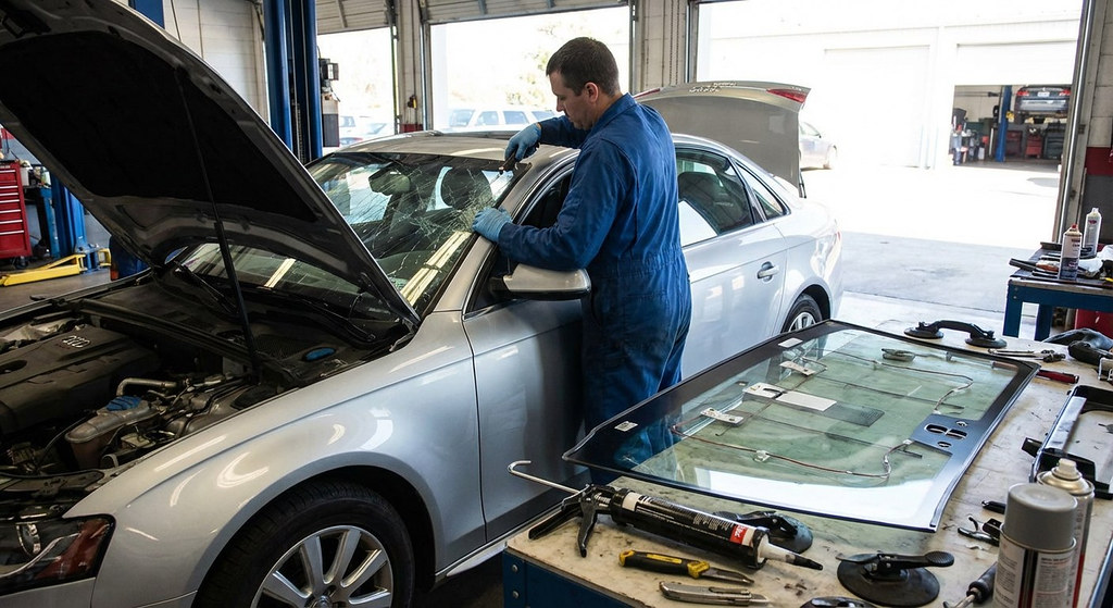 Замена лобового стекла Audi A4 мастер установщик менят лобовое стекло на audi