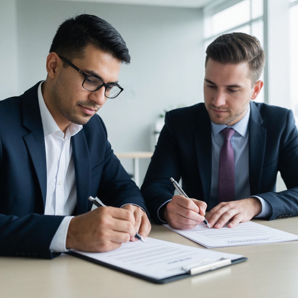 Условия лизинга б/у авто: как купить подержанный автомобиль Два человека подписывают документы