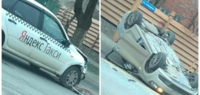 В Краснодаре в ДТП с такси опрокинулась иномарка