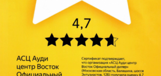 Весной 2019 года Ауди Центр Восток, официальный дилер Audi в России, получил звание «Хорошее место, выбор пользователей Яндекса 2018»
